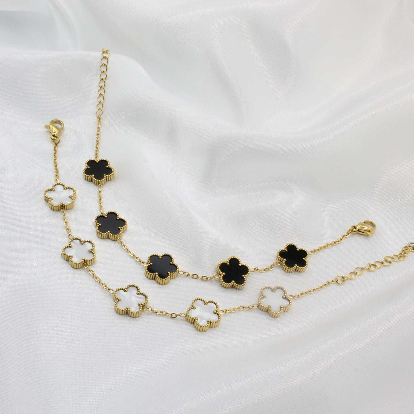Gold Plated Stainless Steel Black White Clover Bracelet