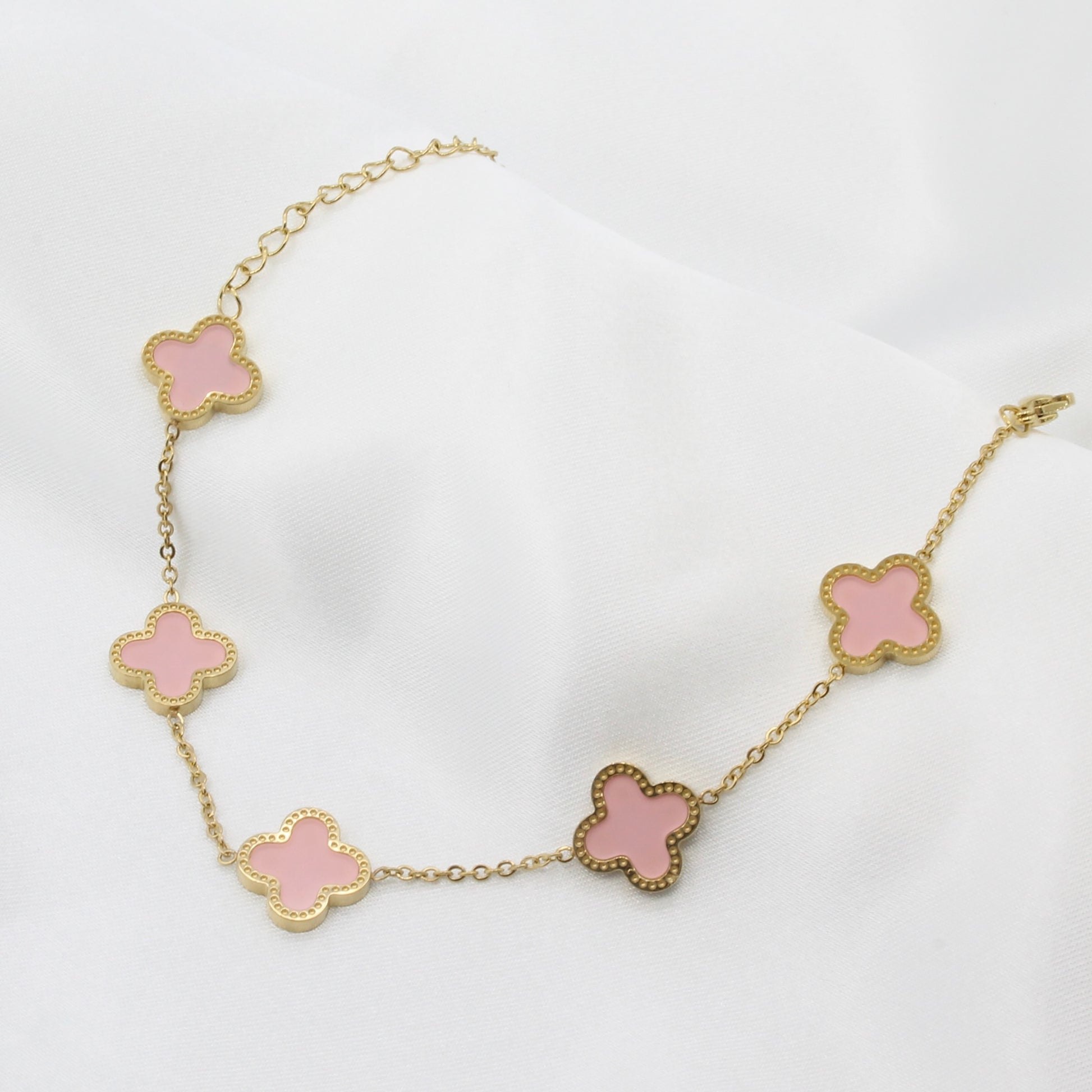 gold plated stainless steel pink clover bracelet