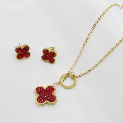 gold plated stainless steel red lucky clover jewellery set earrings necklace