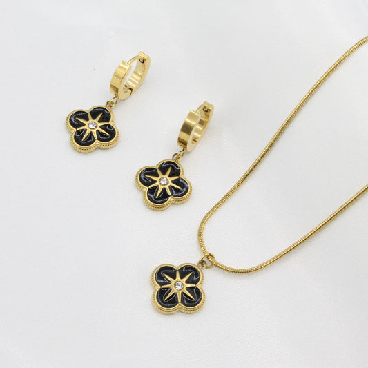 Gold Plated Stainless Steel Black Flower Jewellery Set Earrings Necklace