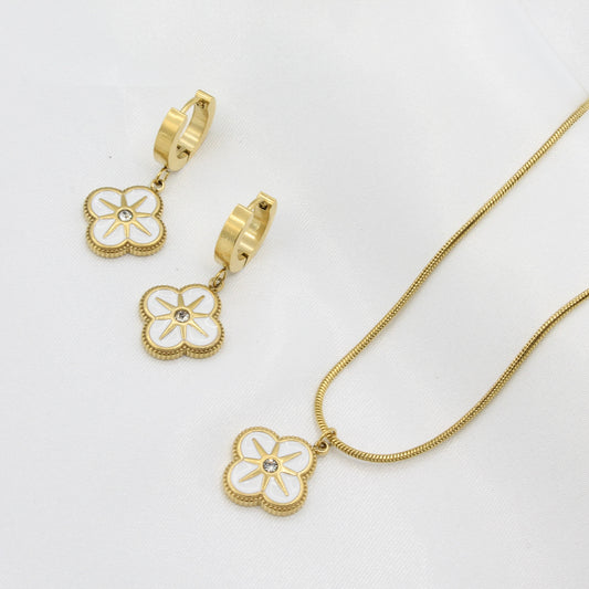 Gold Plated Stainless Steel  White Flower Jewellery Set Earrings Necklace