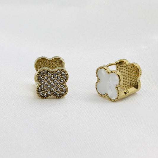 gold plated stainless steel white clover earrings