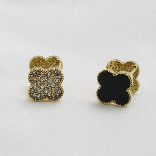 Gold Plated Stainless Steel Black White Clover Stud Earrings