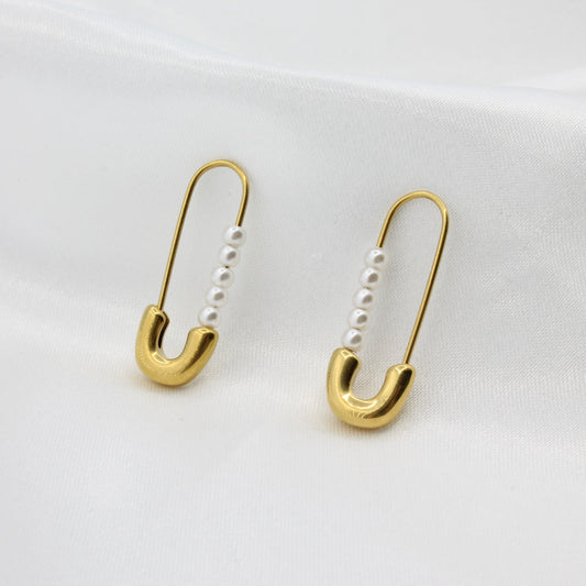 gold plated stainless steel white pearl pin earrings