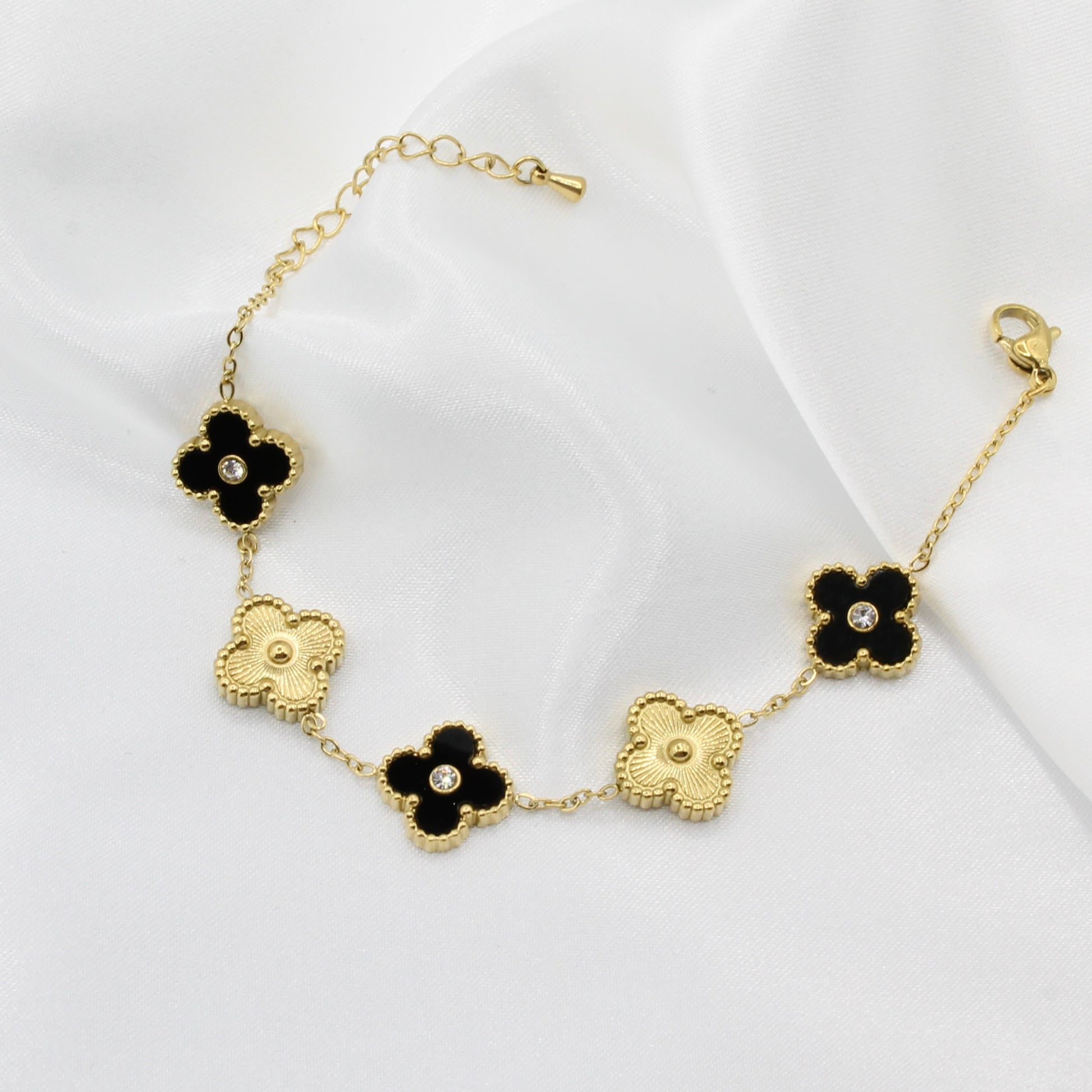 Gold Plated Stainless Steel Black Clover Bracelet