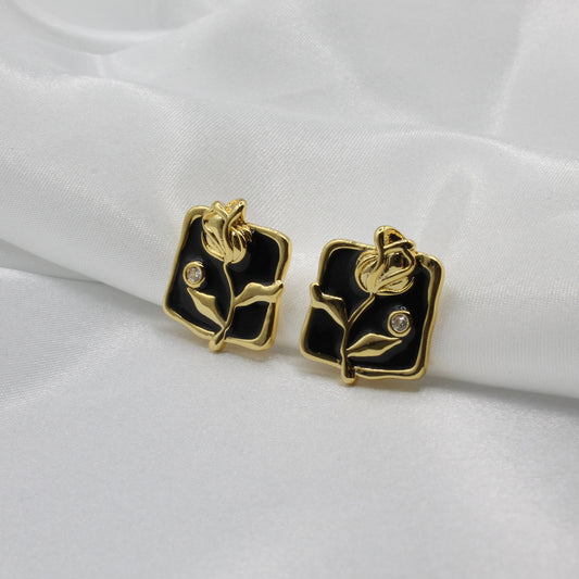 Gold Plated Stainless Steel Black Rose Stud Earrings