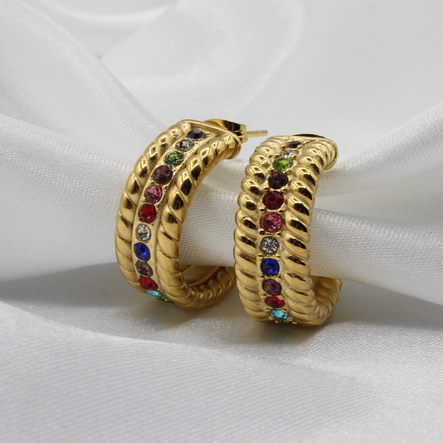 gold plated stainless steel multicolour zirconia half hoop stud earrings