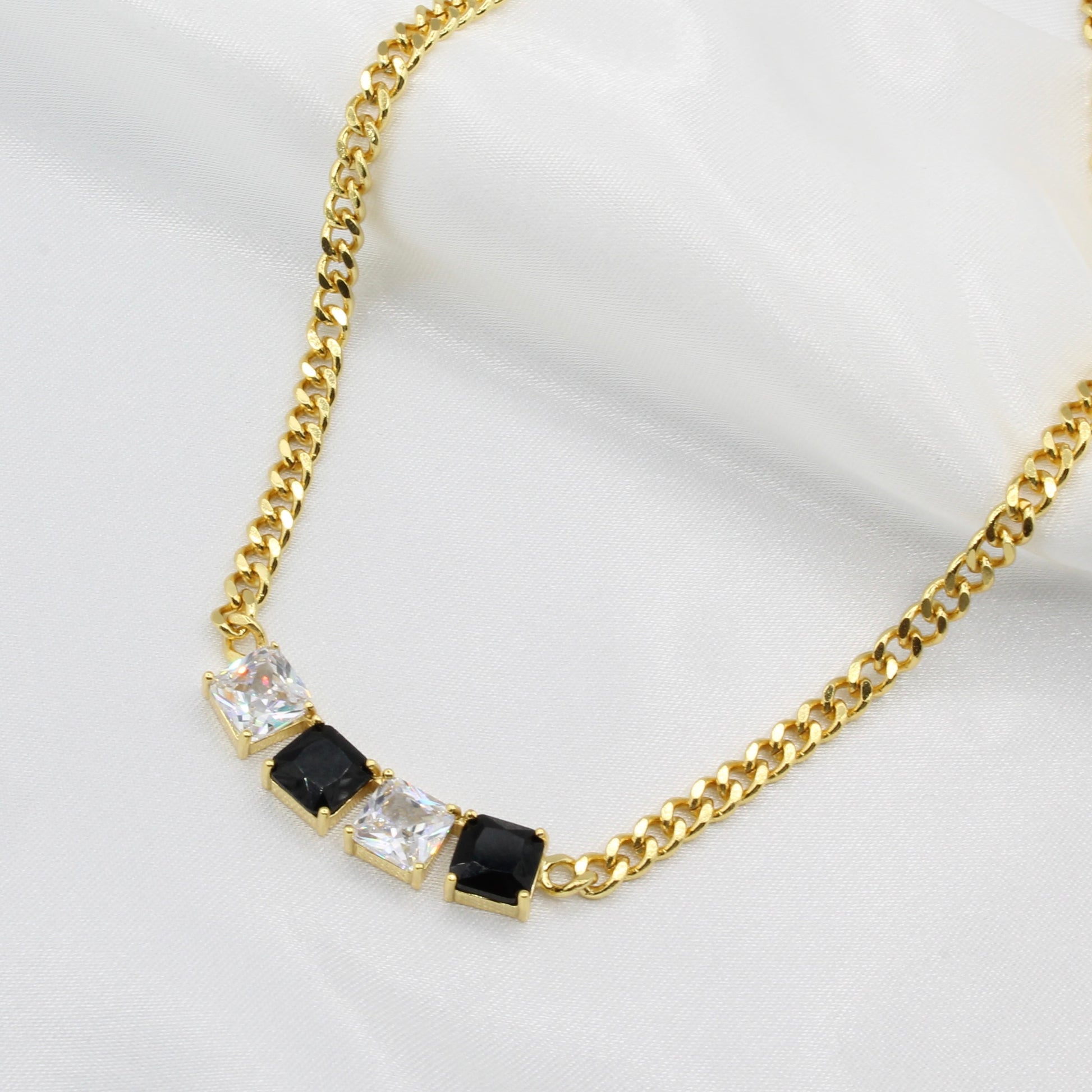 gold plated white black zirconia chain necklace