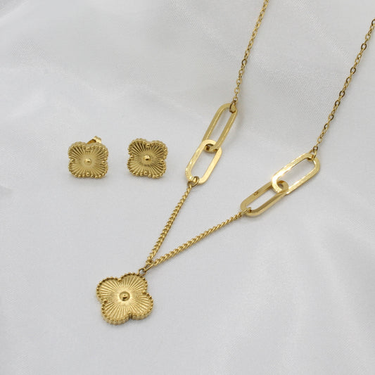 gold plated stainless steel textured clover jewellery set earrings necklace