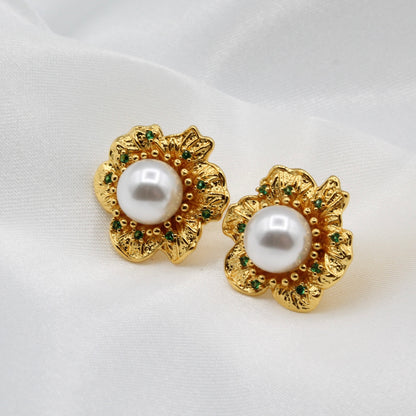 gold plated white pearl flower stud earrings